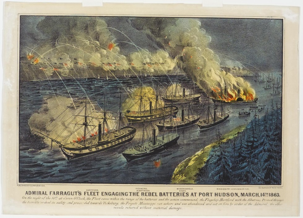 Admiral Farragut’s Fleet Engaging The Rebel Batteries At Port Hudson, March 14th 1863., Currier & Ives